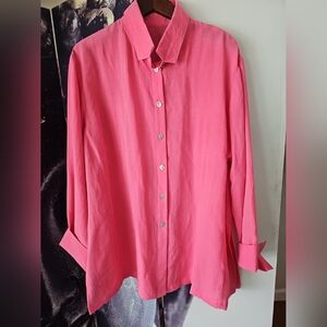 FRIDAZE‎ Women Pink Linen Lagenlook Button Down Collared Tunic Top Size 1X